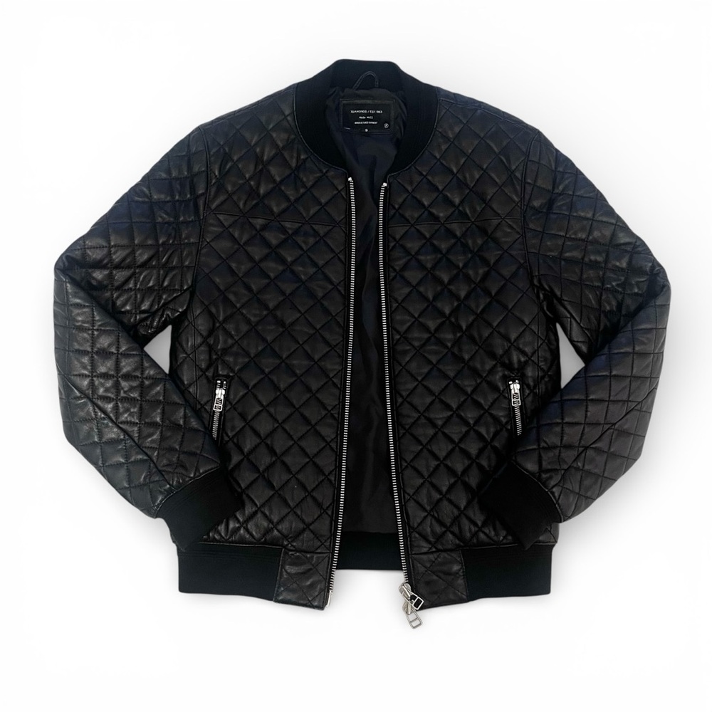 7Diamonds Black Diamond Quilted Fitted Leather Bomber Jacket small